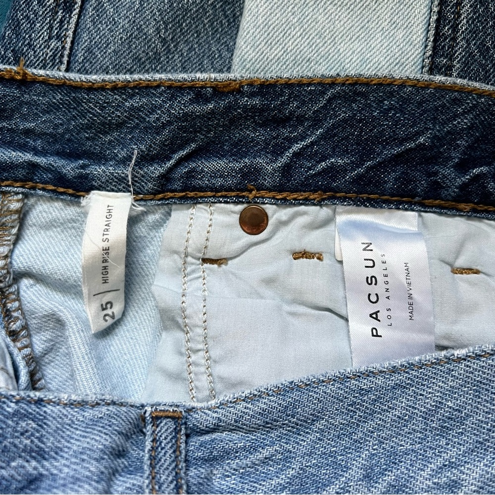 PACSUN Eco Two-Tone Patchwork Blue High Waisted Straight Leg Jeans - Picture 10 of 13
